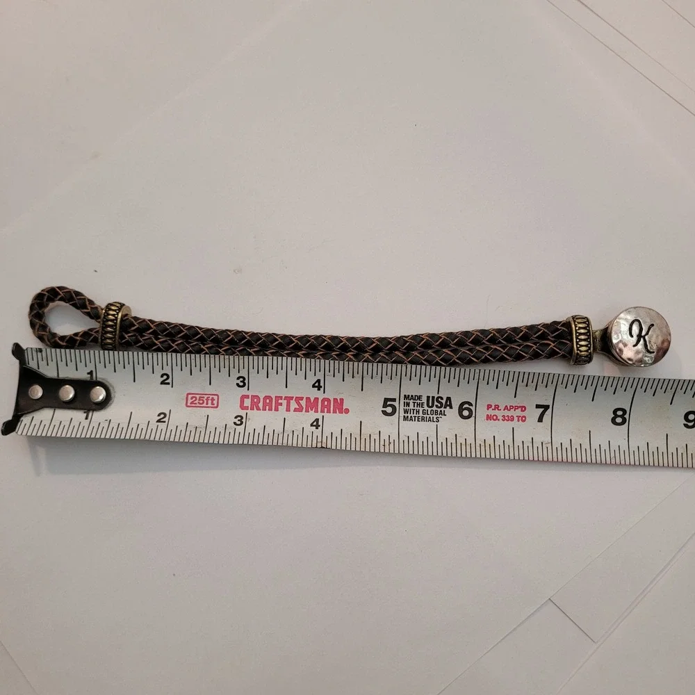 Ginger Snaps Braided Leather Bracelet Unisex Brown Initial K Snap Brass Tone Vtg